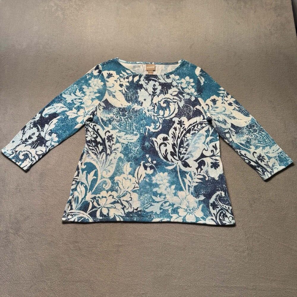Chicos Womens 1 US M Floral Top Blue Metallic Stretch 3/4 Sleeve Knit Boho EUC